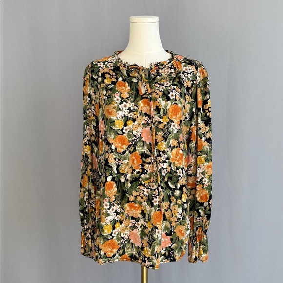 7th Ray Tops - 7th Ray Floral Blouse - Black, Orange, Yellow, Green